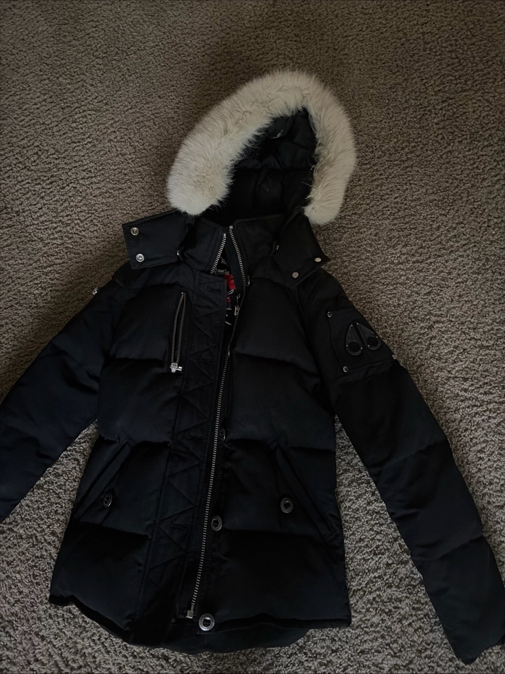 Moose Knuckles Black Down Puffer with Fur-Trim Hood